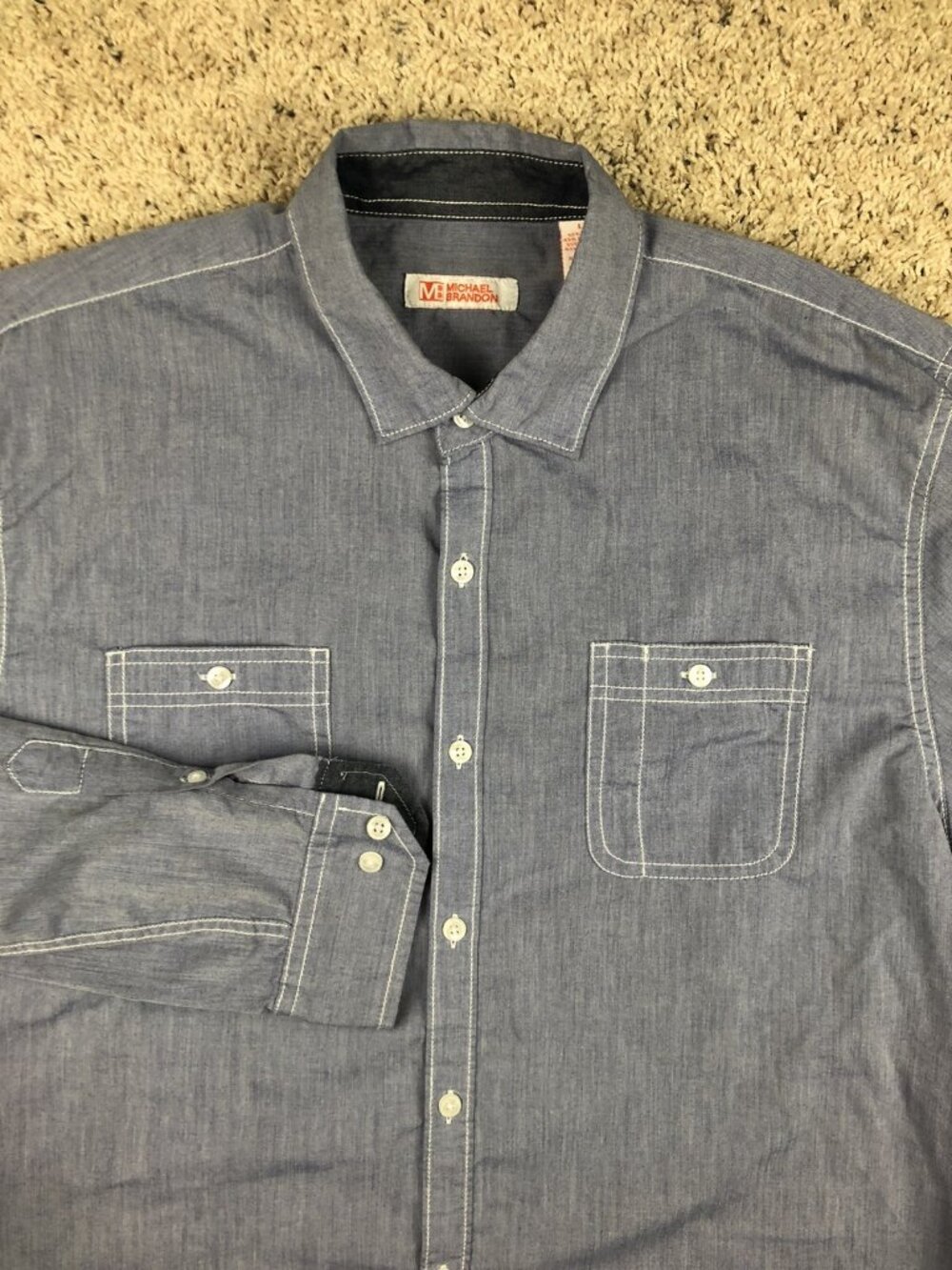 Michael Brandon Button Up Shirt Mens L Blue Long Sleeve Casual 2 Pockets
